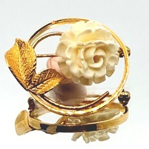 Vintage‎ Signed "W" 14K Gold Filled Brooch Center Carved White Rose Flower